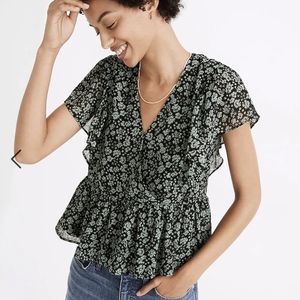 Madewell Georgette Ruffled-Sleeve Peplum Blouse in Field Fleur Green